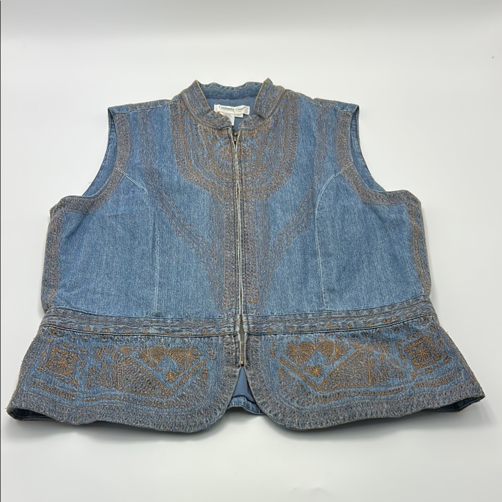 Coldwater Creek Embroidered Denim Vest Large Boho Artisan Blue Gold Zip
